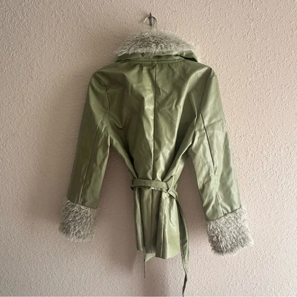 Sage Green Teddy Jacket with Faux Fur Trim - Picture 2 of 3